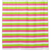 ショッキングピンク、白およびライムグリーンのストライプ シャワーカーテン (正面)