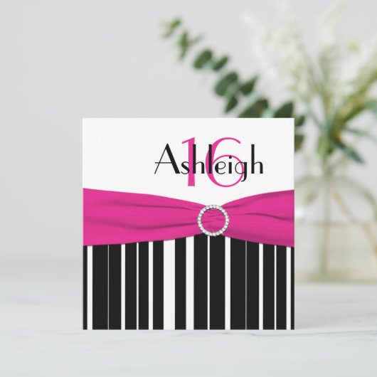 ショッキングピンク、黒、白の第16誕生日の招待状 招待状 (スタンド正面)