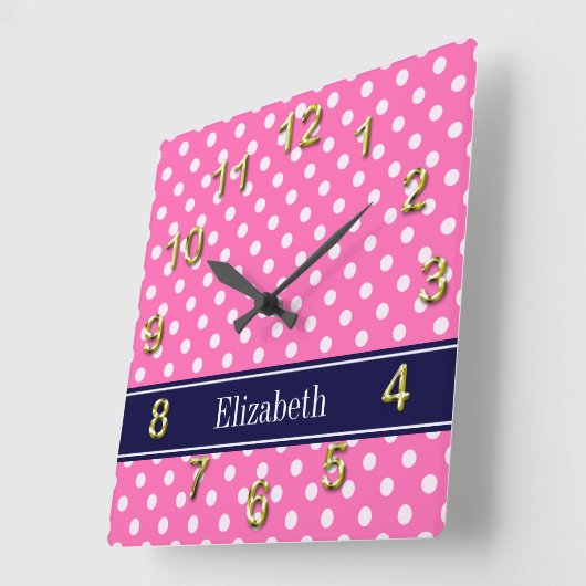 ショッキングピンク#2の白い水玉模様の濃紺の名前のモノグラム スクエア壁時計 (傾斜)