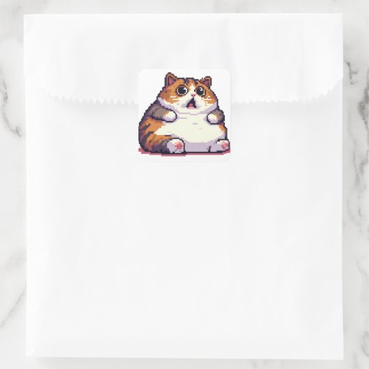 ショックを受けたオレンジ色の太い猫のミームピクセルアート スクエアシール (バッグ)
