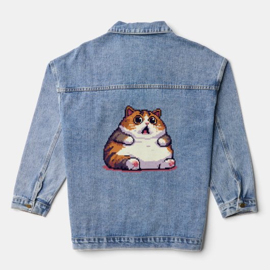 ショックを受けたオレンジ色の太い猫のミームピクセルアート デニムジャケット (裏面)