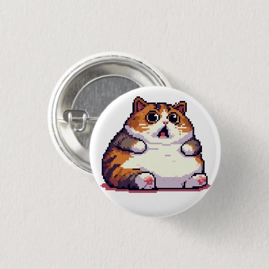 ショックを受けたオレンジ色の太い猫のミームピクセルアート 缶バッジ (正面&裏面)