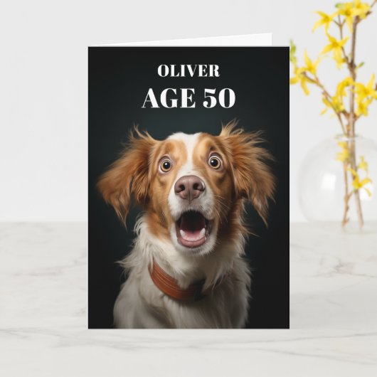 ショックを受けた犬誕生日カードおもしろい、かわいい犬テーマ カード (黄色い花)