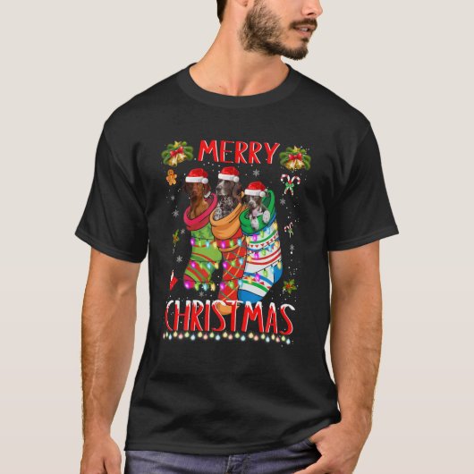 ショック時のドイツの短いポインタのクリスマスおもしろい Tシャツ (正面)