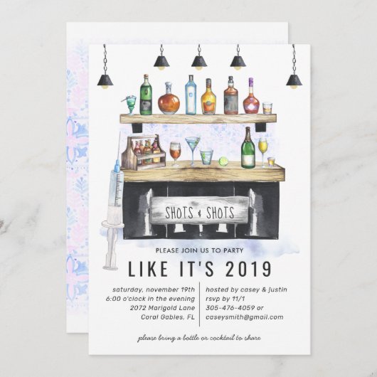 ショットとショット|ワクチン接種を受けましたパーティー 招待状 (正面/裏面)