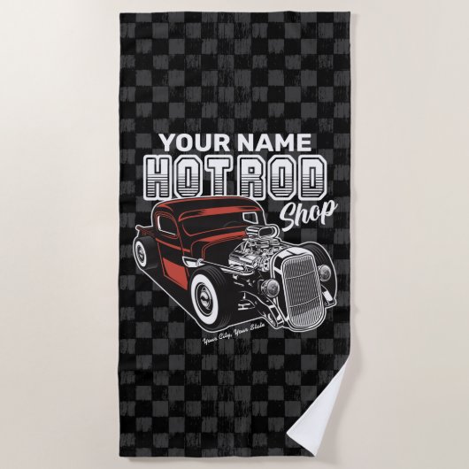 ショッパーソナライズされたプ改造レトロガレージトラック ビーチタオル (正面)