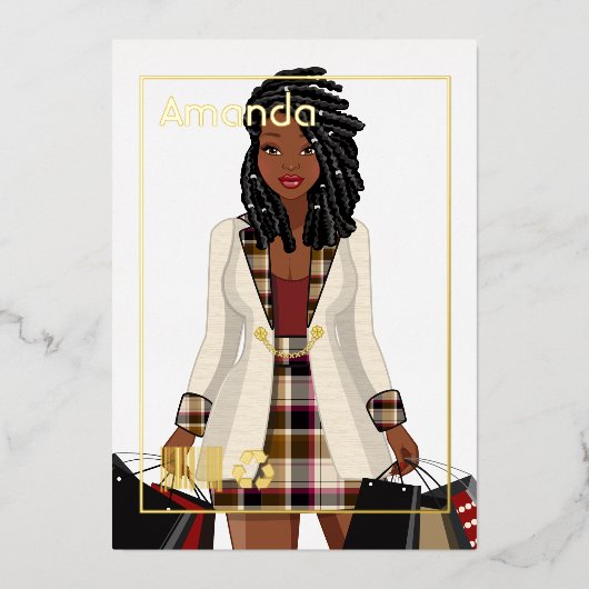 ショッピングガールバースデーパーティーフォイル招待状 箔招待状 (正面)