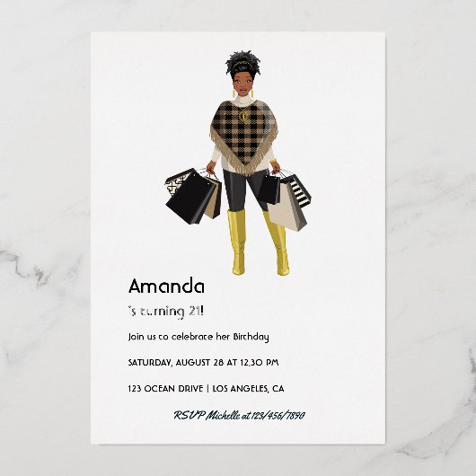 ショッピングガールバースデーパーティーフォイル招待状 箔招待状 (裏面)