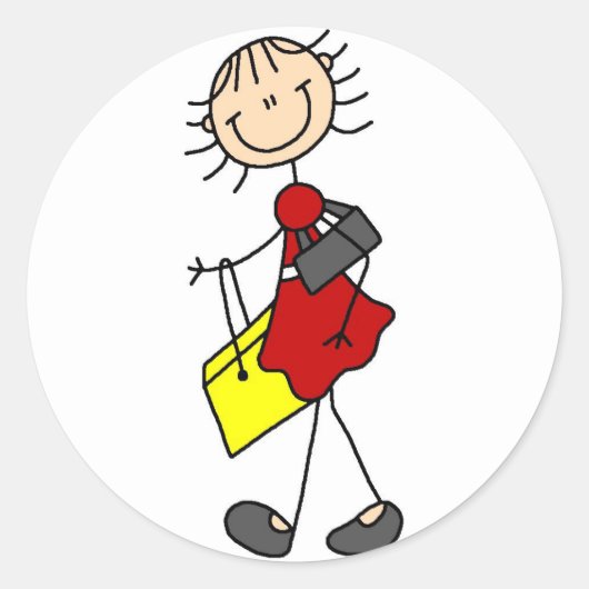 ショッピングスティックフィギュア女性ステッカー ラウンドシール (正面)