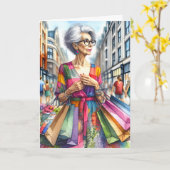 ショッピングバッグ付き熟女誕生日 カード (黄色い花)