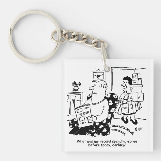 ショッピング旅行。支出を記録します。店での過大な支出 キーホルダー (正面)