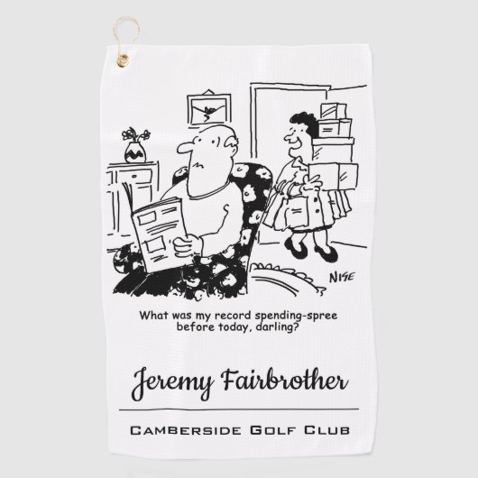 ショッピング旅行。超過支出の記録。おもしろい ゴルフタオル (正面)