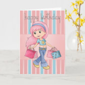 ショッピング誕生日カード – かわいい女性とショッピング カード (黄色い花)