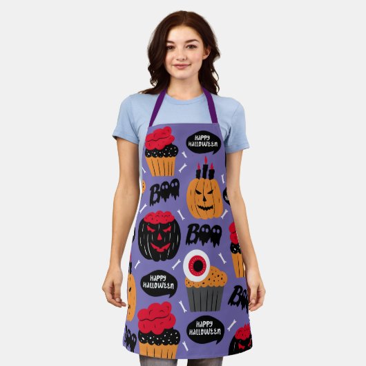 ショップハロウィーンカップケーキエプロン、ハロウィーンベーカーズ エプロン (着用した状態)