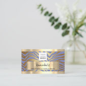 ショップQRコードロゴメタリック金ゴールド、ライトブルー 名刺 (スタンド正面)