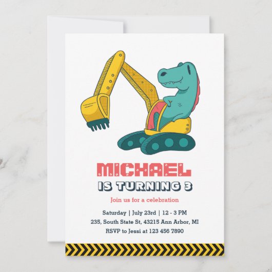 ショベルビルダ建築ディノ子供の誕生日 招待状 (正面)