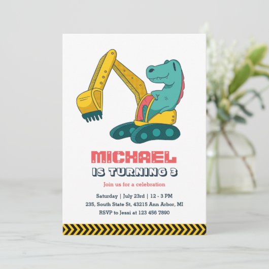 ショベルビルダ建築ディノ子供の誕生日 招待状 (スタンド正面)
