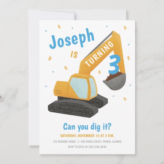ショベル建築ブルー子供の誕生日パーティー 招待状 (正面)