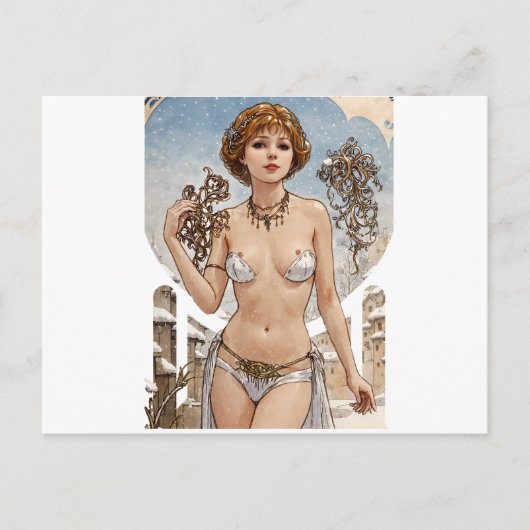 ショートヘアレッドヘッドV2ミュシャスタイルアート シーズンポストカード (正面)