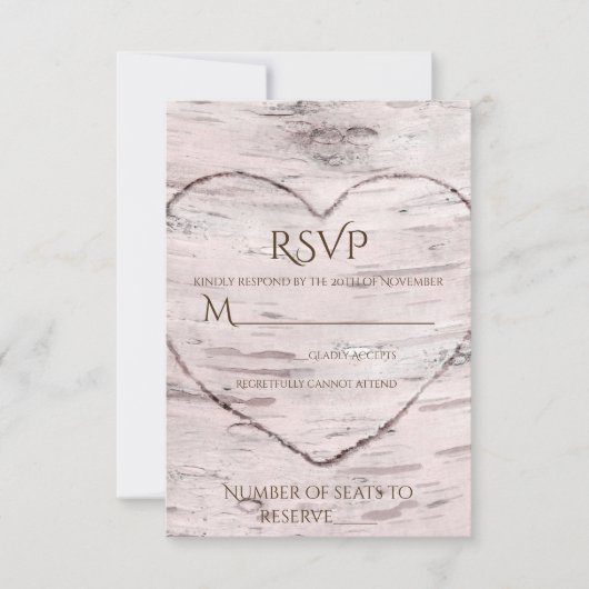 シラカバの木と彫刻ハートのラスティックな結婚式RSVP 出欠カード (正面)