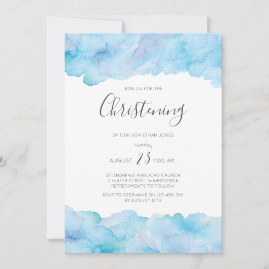 シラシーブルー水彩《キリスト教》洗礼式や命名式招待 招待状 (正面)