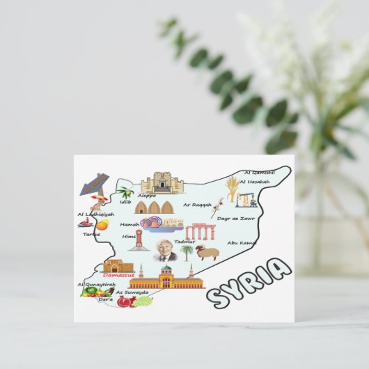 シリアの地図専攻の、都市名はシリア国旗 ポストカード (スタンド正面)