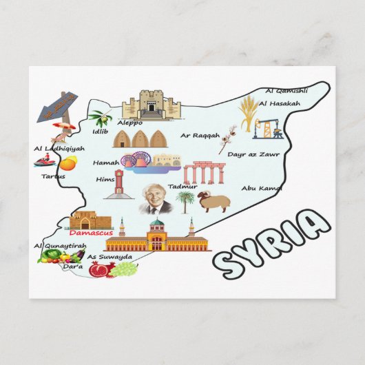 シリア地図, 主要都市名 国旗 シリア国 ポストカード (正面)