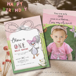シリーガチョウ 1歳の誕生日 ピンクのリボンの写真 招待状