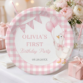 シリーグース ピンク ギンガム ガール 誕生日紙皿 ペーパープレート