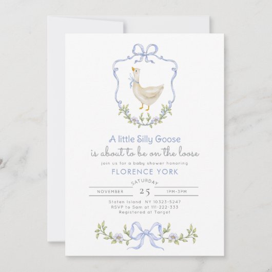  シリーゴース ブルーフラワークレスト ベビーシャワー 招待状 (正面)