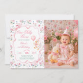 シリー・グース風バルーンの女の子 1歳の誕生日写真 招待状 (正面)