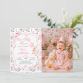 シリー・グース風バルーンの女の子 1歳の誕生日写真 招待状 (スタンド正面)