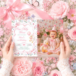 シリー・グース風バルーンの女の子 1歳の誕生日写真 招待状