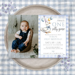 シリー・グース1歳の誕生日パーティーの写真 青い男の子 招待状