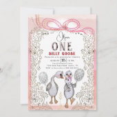 シリー・グース・ファミリー ピンク＆ボウ 1歳の誕生日 招待状 (正面)