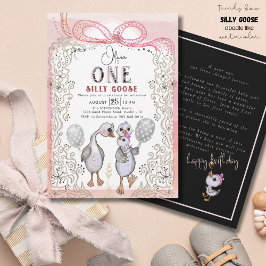 シリー・グース・ファミリー ピンク＆ボウ 1歳の誕生日 招待状