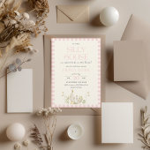 シリ―・グース・ウォーターカラー・ピンク・チェックの女の子ベイビーシャワー 招待状