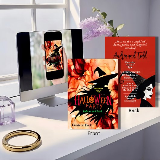 シルエカラフルットウィッチウォーターカラーハロウィーン 招待状