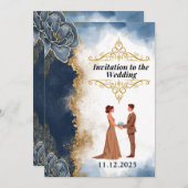 シルエッスタイリッシュトカップル結婚式招待状(ネイビー) 招待状 (正面/裏面)