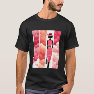 シルエットとレトロクラウドをあしらったピンクのファッションアート Tシャツ