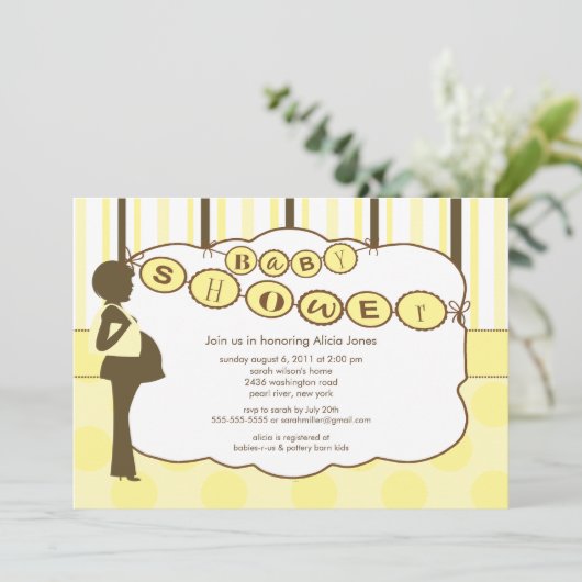 シルエットのお母さんのベビーシャワーの男の子の女の子の黄色ブラウン 招待状 (スタンド正面)