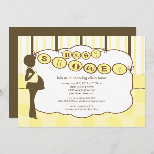 シルエットのお母さんのベビーシャワーの男の子の女の子の黄色ブラウン 招待状 (正面/裏面)