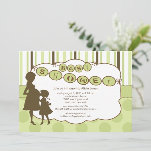 シルエットのお母さんのベビーシャワーの男女兼用な緑 招待状 (スタンド正面)