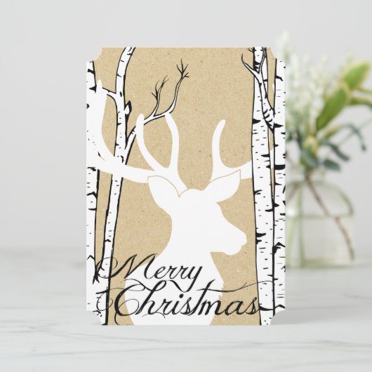 シルエットのシカの樺の木の森林休日 シーズンカード (スタンド正面)