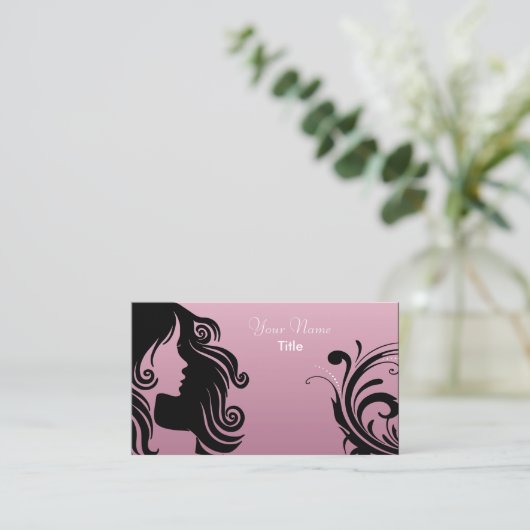 シルエットの女性の美容師|のピンクの藤色 名刺 (スタンド正面)