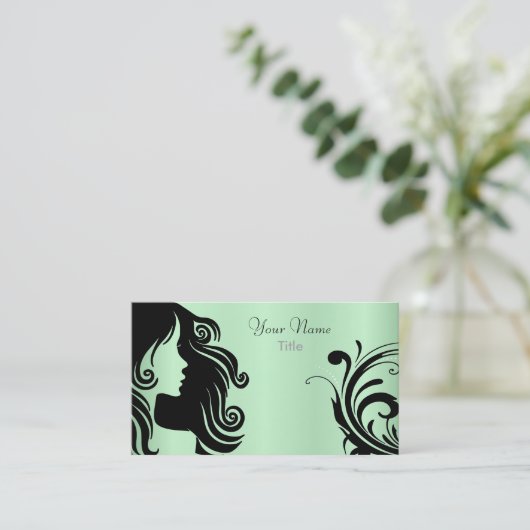 シルエットの女性の美容師-真新しい緑 名刺 (スタンド正面)
