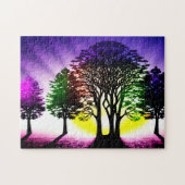 シルエットの木々を持つ黄色と紫の夕日 ジグソーパズル (横)