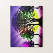 シルエットの木々を持つ黄色と紫の夕日 ジグソーパズル (縦)