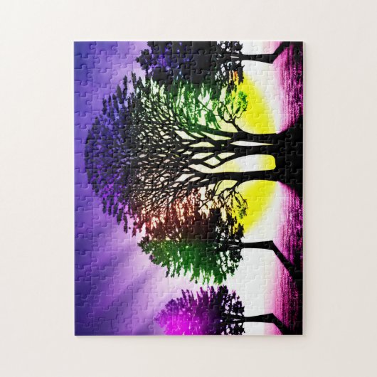 シルエットの木々を持つ黄色と紫の夕日 ジグソーパズル (縦)