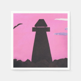 シルエットの灯台があるピンクのナプキン スタンダードカクテルナプキン